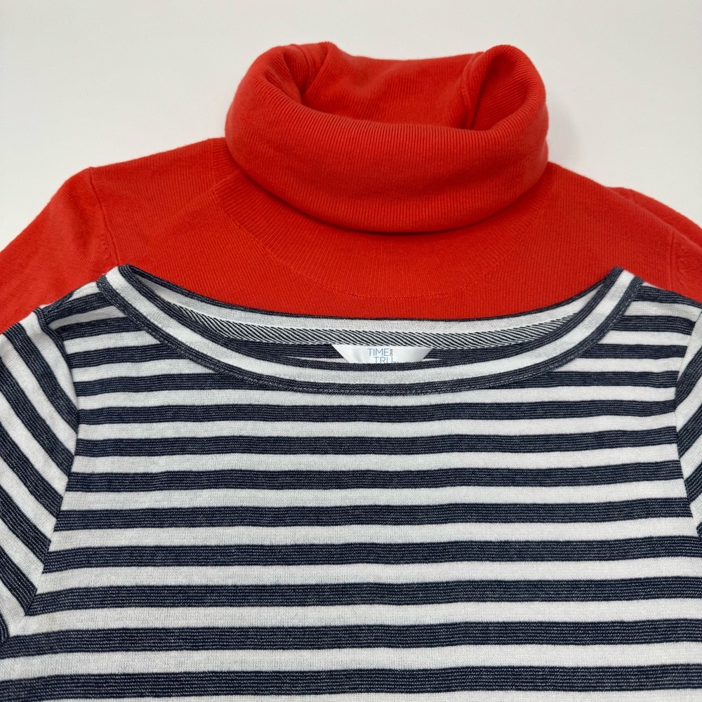 Striped Navy and White Women’s Shirt and Red Turtleneck Sweater Small
